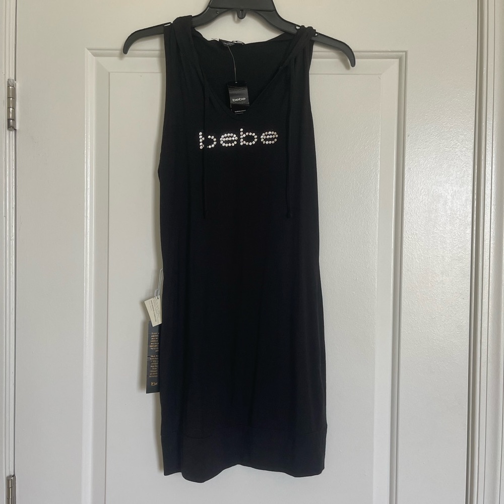 BEBE Swarovski Crystal logo hooded racerback dress